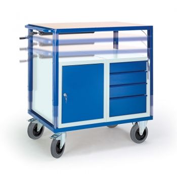 Höhenverstellbarer Tischwagen mit Stahl- und Schubladenschrank